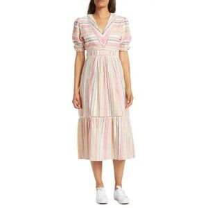 NWT Maisie Puff Sleeve Crochet Trim Colorful Stripes Midi Dress P2070